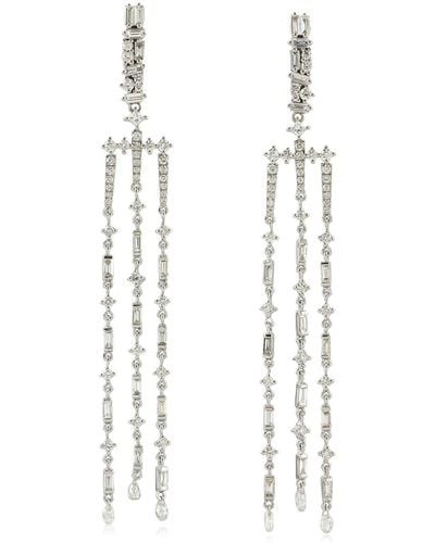 Artisan 18k Gold In Baguette Natural Diamond Long Chandelier Designer Earrings - White