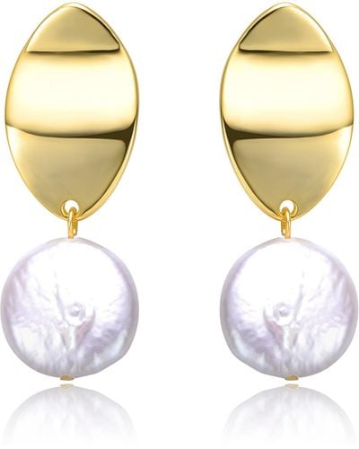 Genevive Jewelry Sterling Silver Yellow Gold Plated With White Coin Pearl Dangle Drop Marquise Medallion Earrings - Metallic