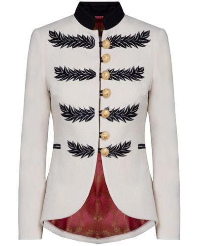 The Extreme Collection Ecru Crepe Embroidered Military Blazer With Golden Buttons Nuvola - White