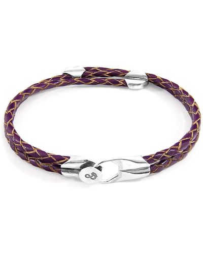 Anchor and Crew Deep Purple Conway Silver & Braided Leather Bracelet - Red
