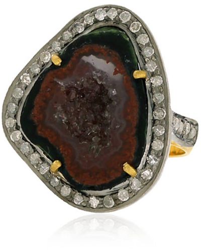 Artisan Unshaped Geode & Pave Diamond In 18k Gold With 925 Silver Cocktail Ring - Multicolour