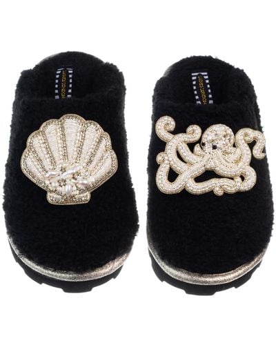 Laines London Teddy Closed Toe Slippers With Pearl Beaded Octopus & Shell Brooches - Black