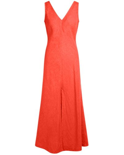 Haris Cotton "v" Neck Maxi Linen Dress - Red