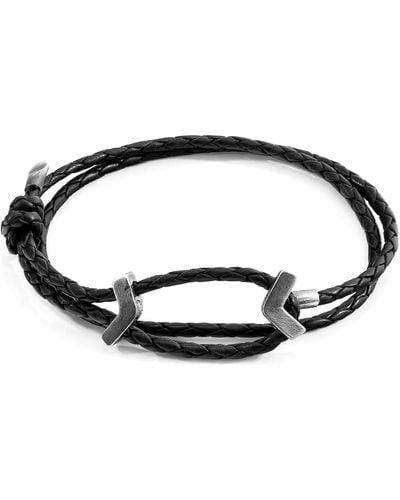 Anchor and Crew Midnight William Silver & Braided Leather Skinny Bracelet - Black