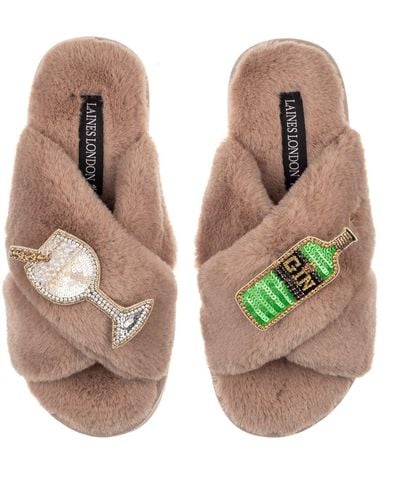 Laines London Classic Laines Slippers With Original Gin & Glass Brooches - Brown