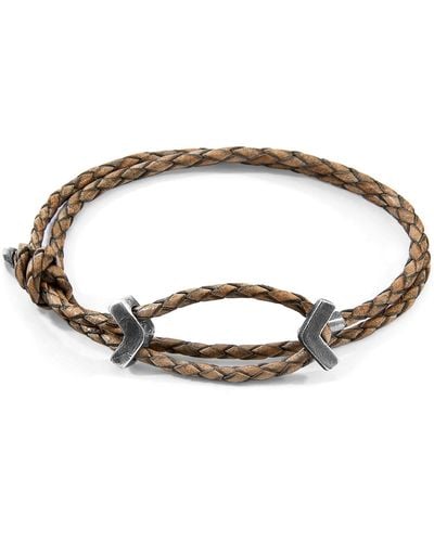 Anchor and Crew Taupe William Silver & Braided Leather Skinny Bracelet - Grey