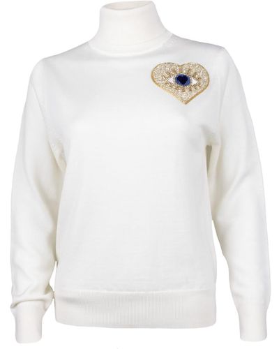 Laines London Laines Couture Heart Eye Embellished Knitted Roll Neck Jumper - White