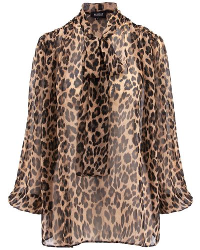 BLUZAT Leopard Chiffon Blouse With Draped Shoulders & Bow Ribbon - Brown