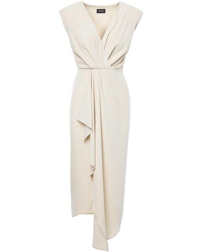 BLUZAT Neutrals Ivory Midi Dress With Draping And Pleats - Natural
