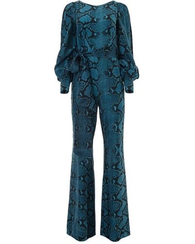 Lita Couture Extended Cuff Jumpsuit In Snake Tones Silk - Blue
