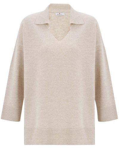 Peraluna Neutrals Polo V Neck Wide Sleeve Loose Fit Knit Pullover - White