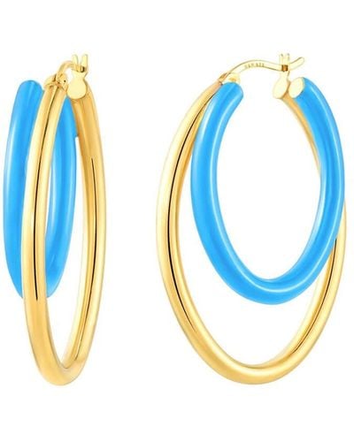 Gold & Honey Double Oval Enamel Hoop Earrings In Turquoise - Blue