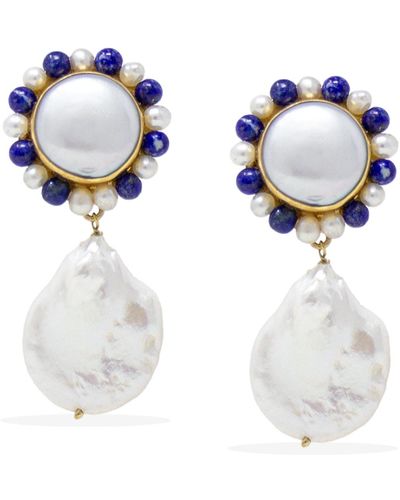 Vintouch Italy Lotus Gold-plated Pearl And Lapis Earrings - White