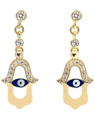 Ebru Jewelry Blue Evil Eye Gold Hamsa Earrings - Metallic