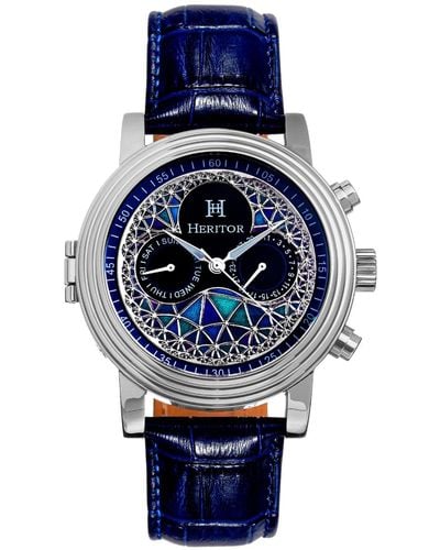 Heritor Legacy Leather-band Watch With Day And Date - Blue
