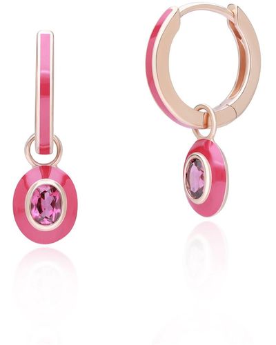 Gemondo Siberian Waltz Pink Enamel & Oval Rhodolite Hoop Earrings In Rose Gold Plated Sterling Silver