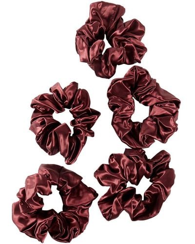 Soft Strokes Silk Pure Mulberry Silk French Scrunchie Set Of Five In Burgundy - Red