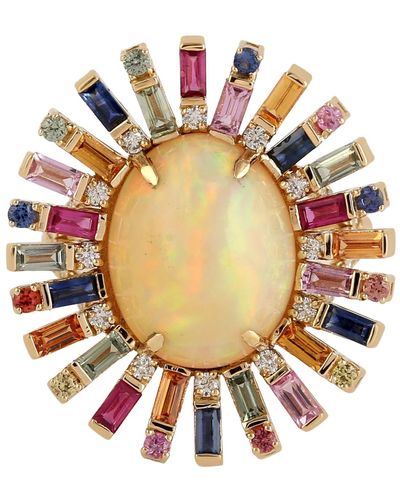 Artisan Multicolour Sapphire Oval Ethiopian Opal Cocktail Rings 18k Gold