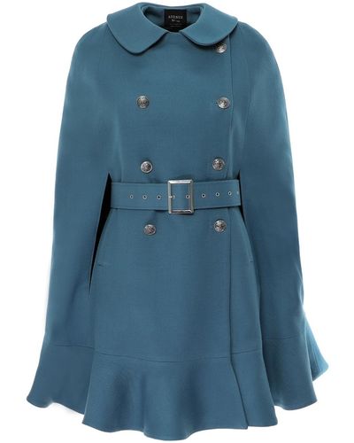 AVENUE No.29 Double Breasted Cape With Belt - Blue