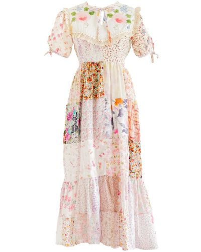 Sugar Cream Vintage Re-design Upcycled Peach Patch Pattern Floral Maxi Dress - Pink