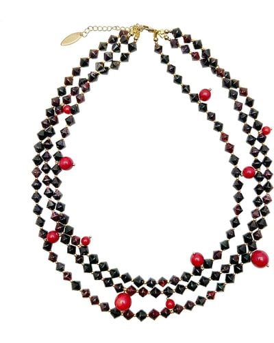 Farra Multi-layers Garnet With Red Coral Statement Necklace - Black