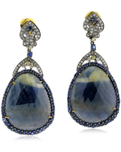 Artisan Blue Sapphire Pave Diamond Dangle Earrings Gold Sterling Silver Jewelry