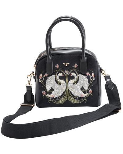Fable England Fable Eloise Mini Bowling Bag Embroidered Swan - Black