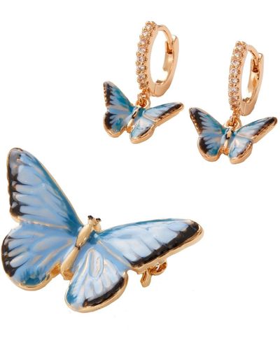 Fable England Fable Enamel Butterfly huggie Earrings, Enamel Butterfly Brooch - Blue