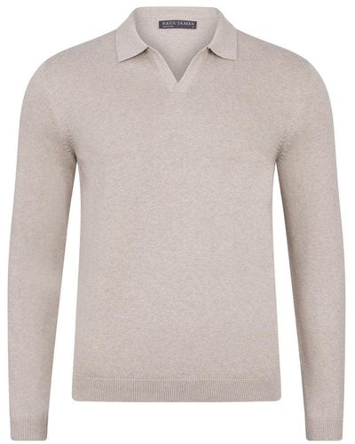 Paul James Knitwear Neutrals S Cotton Lightweight Lyndon Buttonless Polo Shirt - Gray