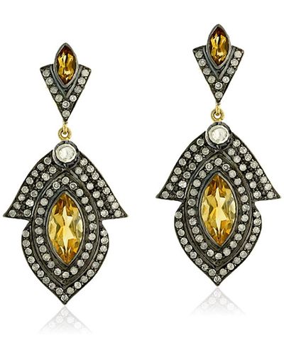 Artisan Marquise Shape Citrine Pave Diamond In 18k Gold & Silver Designer Dangle Earrings - Green