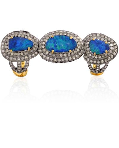 Artisan Opal Doublet & Micro Pave Diamond In 18k Gold With 925 Silver Long Knuckle Ring - Blue
