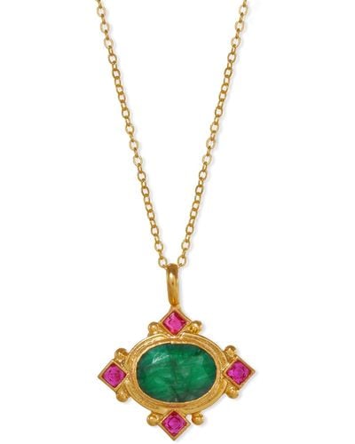 Ottoman Hands Raina Emerald And Pink Crystal Pendant Necklace - Metallic