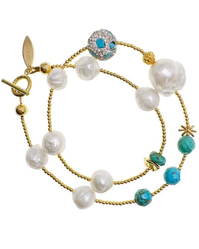 Farra Baroque Pearls With Turquoise Double Layers Bracelet /choker - Metallic