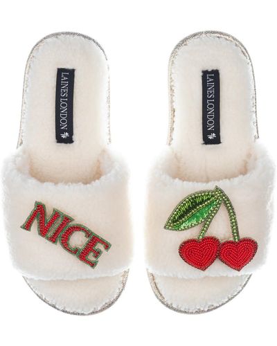 Laines London Teddy Toweling Slipper Sliders With Nice Cherries Brooches - White