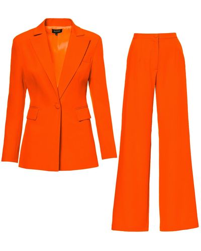 BLUZAT Neon Orange Suit With Slim Fit Blazer And Flared Pants
