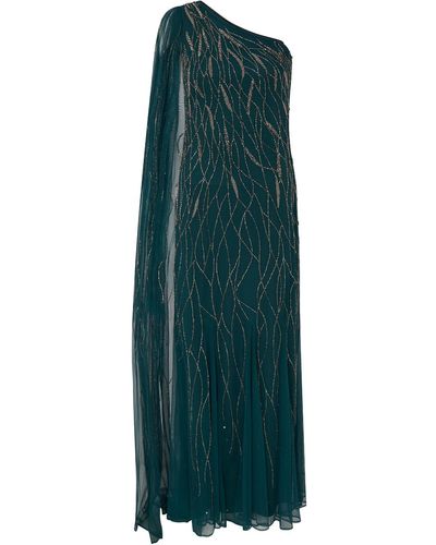 Raishma Mila Cut As A One Shoulder With Floor Length Drape From Shoulder & Embroidery Throughtout Gown - Green