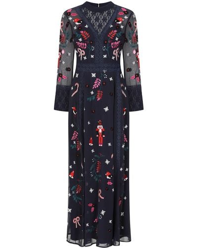 Frock and Frill Avery Christmas Embroidered Maxi Dress With Lace Panels - Blue