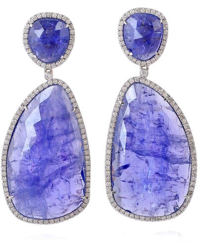 Artisan Natural Diamond 18k White Gold Tanzanite Gemstone Dangle Earrings - Blue