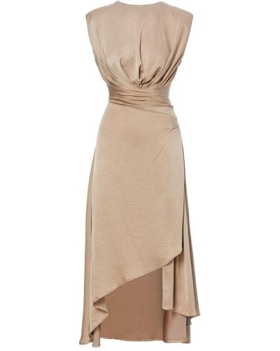 BLUZAT Midi Beige Dress With Oversized Shoulders And Slit - Natural