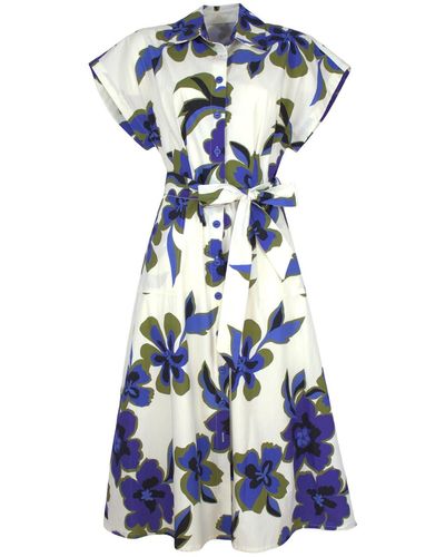 Lalipop Design Floral Print Cotton Shirt Dress. - Blue