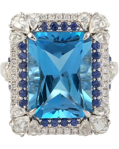 Artisan 18k White Gold Blue Sapphire Topaz Diamond Cocktail Ring Handmade Jewelry