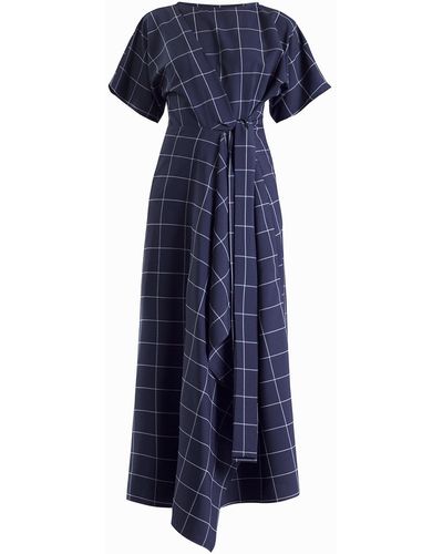 Meem Label Baxter Navy Large Grid Wrap Dress - Blue