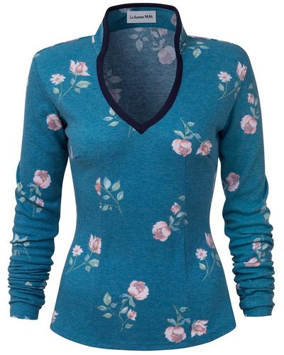LA FEMME MIMI Long Sleeved Top With Roses - Blue