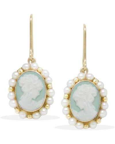 Vintouch Italy Cecilia Solid Gold Green Cameo And Pearl Earrings - Blue