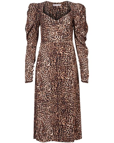Lavaand The Genevieve Midi Dress Puff Sleeve In Leopard - Brown