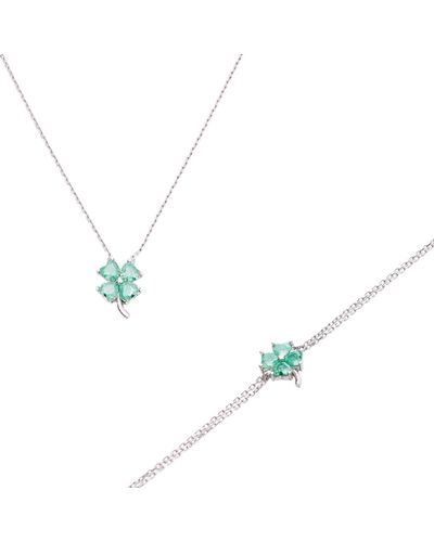 Spero London Four Leaves Clover Sterling Bracelet & Necklace Set In Green - Metallic