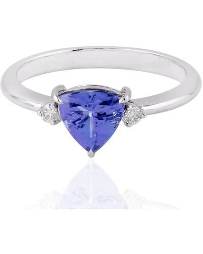 Artisan Diamond & Triangle Tanzanite In 18k White Gold Solitaire Ring - Blue