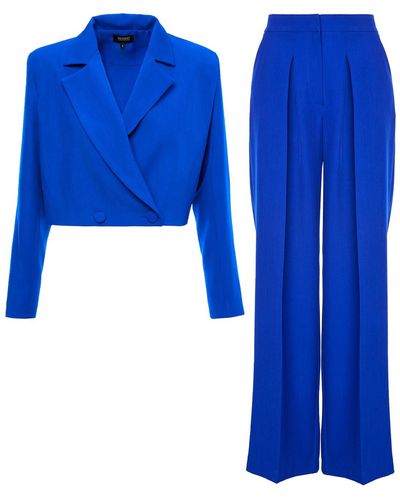 BLUZAT Electric Suit With Cropped Blazer And Ultra Wide Leg Pants - Blue