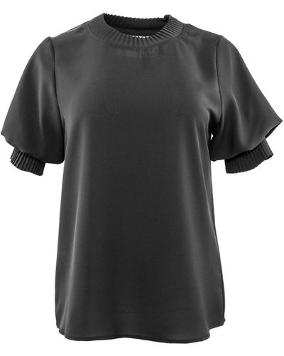 Theo the Label Dione Short Sleeve Pleated Neck Top - Black