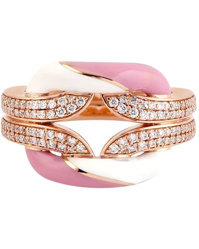 Artisan 18k Solid Rose Gold With Pave Diamond & Enamel Designer Ring - Pink